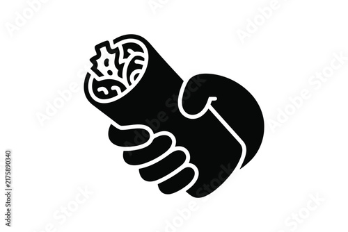 Hand holding a burrito with fillings, black icon on transparent background, food concept.