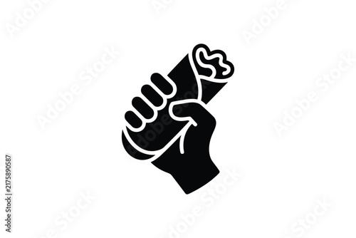 Hand holding a burrito with fillings, black icon on transparent background, food concept.