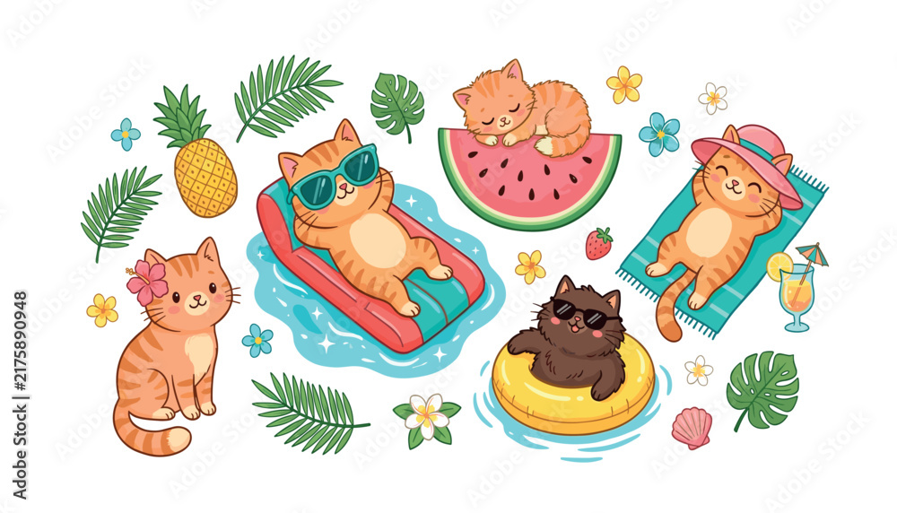 Naklejka premium Cute summer cats vector illustration collection featuring kittens relaxing on pool floats, watermelon slice, tropical leaves, beach towel on white background