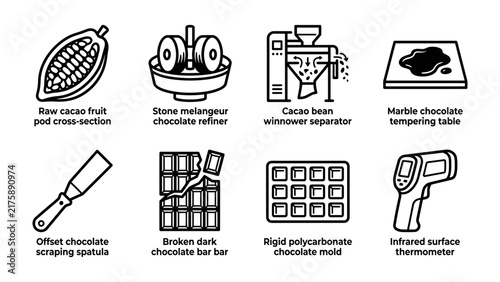 Cuadro en lienzo Chocolate Making Process Icons: A collection of stylized icons illustrating key stages and tools in the chocolate manufacturing process, from raw cacao to the final product