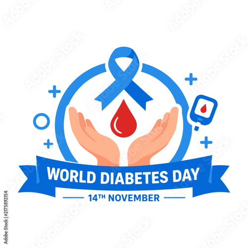 World Diabetes Day Awareness Banner with Blue Ribbon, Caring Hands, Blood Drop and Glucose Meter, Diabetes Prevention Healthcare Illustration