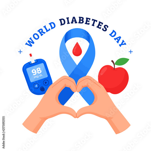 World Diabetes Day Awareness Illustration with Blue Ribbon, Glucose Meter, Apple and Heart-Shaped Hands, Diabetes Awareness and Blood Sugar Monitoring Healthcare Poster