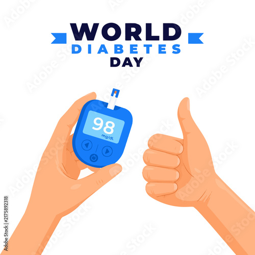 World Diabetes Day Awareness Poster with Glucose Meter and Thumbs Up, Diabetes Health Awareness Concept with Blood Sugar Monitoring Device