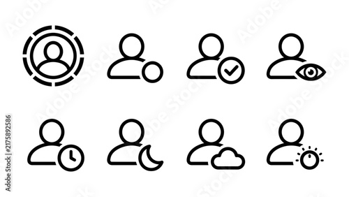 User profile icons: A set of simple line icons representing user profiles, including options for adding, verifying, viewing, setting reminders, and managing privacy or online status.