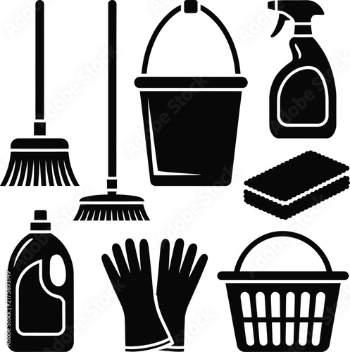 Cleaning Tools Set Broom Bucket Spray Gloves Icon VectorCleaning Tools Set Broom Bucket Spray Gloves Icon Vector