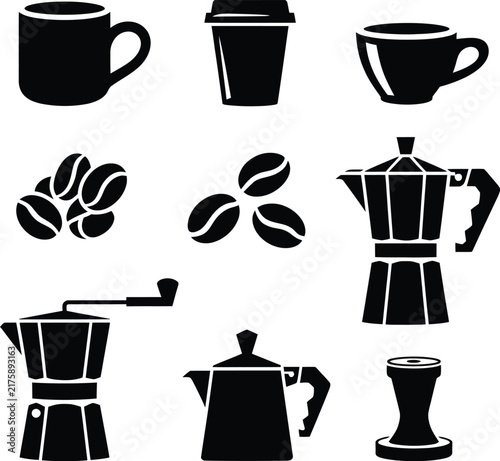Coffee Shop Icon Set Cup Beans Pot Maker Vector GraphicCoffee Shop Icon Set Cup Beans Pot Maker Vector Graphic