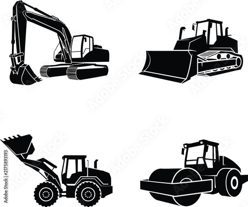 Construction Machinery Set Excavator Bulldozer Loader Roller VectorConstruction Machinery Set Excavator Bulldozer Loader Roller Vector