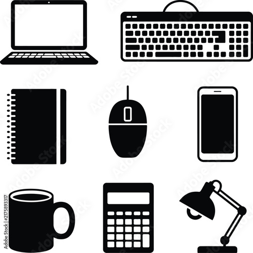 Office and Business Icons Set with Laptop Mouse Keyboard and LampOffice and Business Icons Set with Laptop Mouse Keyboard and Lamp