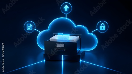 Obraz na płótnie Cloud computing data upload concept with physical filing cabinet transitioning into glowing blue digital network folder