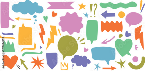 Set of colorful speech bubbles, arrows, hearts, and doodle icons isolated on a white background. Pastel dialogue clouds and lightning shapes for social media posts, banners, and stickers.