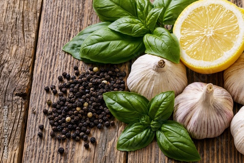 Fresh basil lemon garlic and pepper on wood