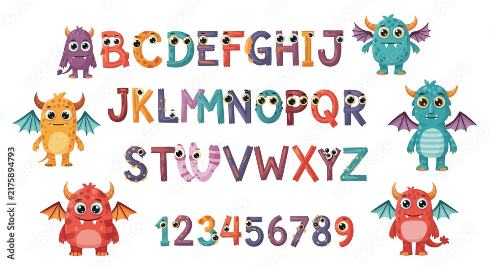 Naklejka premium Cute Monsters Alphabet & Numbers Set - Fun Cartoon Kids Learning Characters