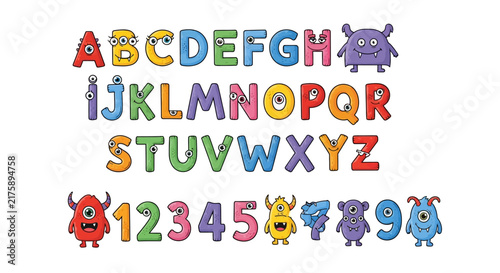 Cute Monster Alphabet Letters and Numbers, Cartoon ABC, 123 Elements