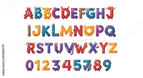 Cute monster alphabet letters and numbers, fun characters, kids' typography