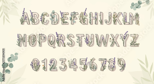 Floral Alphabet and Numbers Set with Lavender and Eucalyptus Leaves