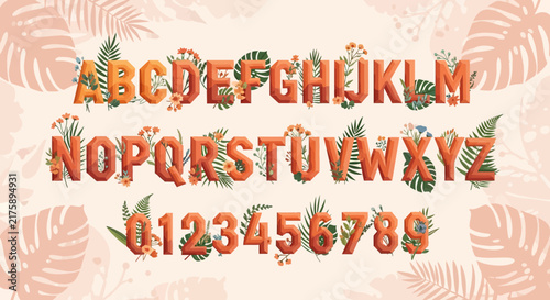 Floral Alphabet and Numbers, Botanical Font Design with Tropical Leaves and Flowers
