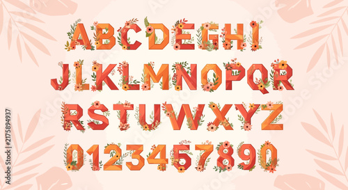 Floral alphabet and numbers. Decorative letters and digits with flowers.