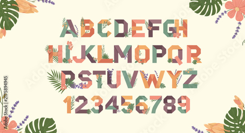 Floral Alphabet Letters and Numbers - Botanical Font with Flowers and Leaves