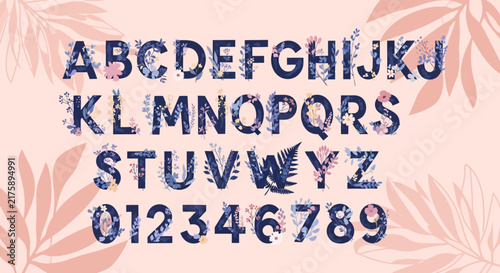 Floral Alphabet Letters and Numbers - Botanical Font with Flowers and Leaves