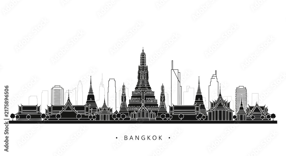 Fototapeta premium Bangkok Skyline Silhouette - Wat Arun and Modern Buildings