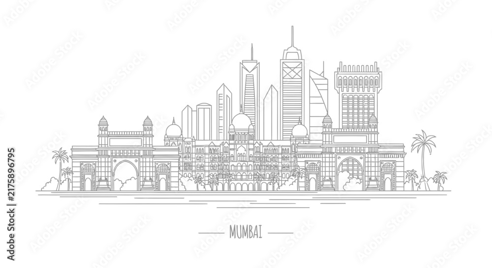 Obraz premium Mumbai Skyline Outline Illustration - Iconic Landmarks on Transparent Background