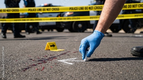 Close-up of a forensic investigator in blue gloves using chalk to draw an arrow next to a bloodstain on asphalt near a yellow direction marker.