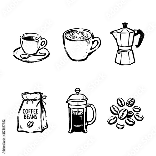 Coffee Illustrated Icon Set in Brush Outline
