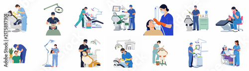 Collection of flat vector illustrations depicting various dental procedures, dentists, dental assistants, and patients in a modern dental clinic setting.