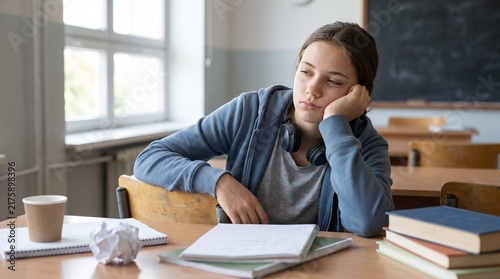 Teenage girl leaning on classroom desk with disengaged expression, academic boredom
