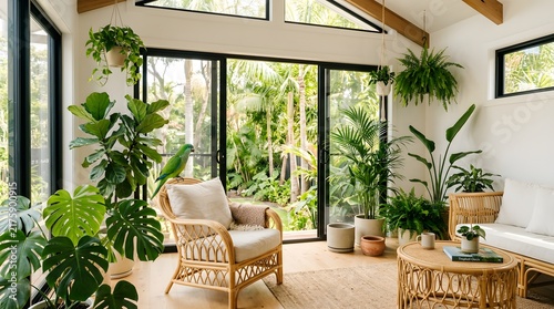 Bright indoor room filled with lush green plants and natural light