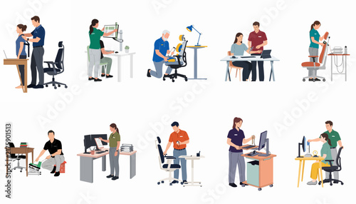 Collection of illustrations showing people setting up ergonomic office furniture and workstations to ensure proper posture and workplace health.