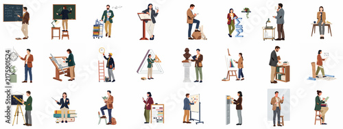 Comprehensive Illustration Set Featuring Diverse Professionals and Students Engaged in Educational, Scientific, and Artistic Activities on a White Background