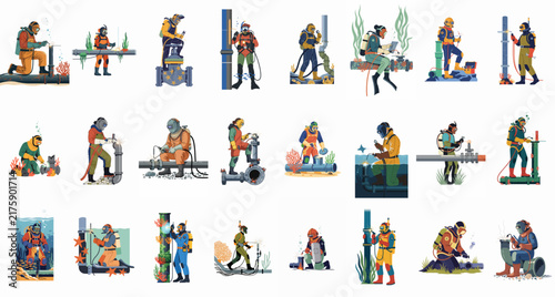 Set of illustrations depicting professional commercial divers performing various underwater industrial tasks such as welding, inspection, and pipe maintenance.
