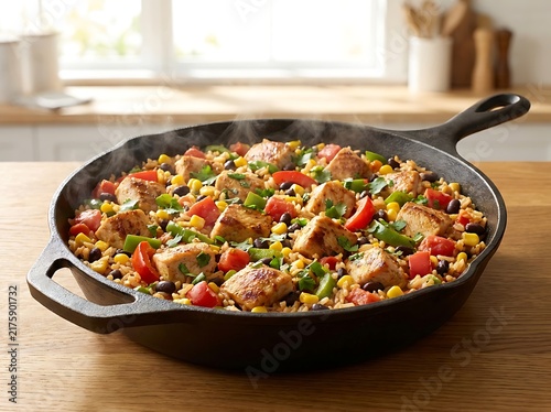 Delicious chicken and vegetable skillet dinner meal cooked in a black cast iron pan on kitchen table. one-pot meal ideas