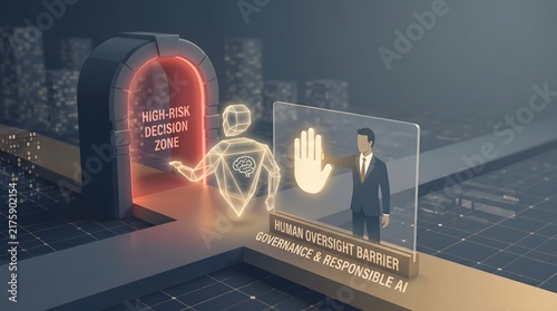 AI governance and human oversight concept, responsible AI barrier stopping artificial intelligence from high risk decision zone 3D illustration.