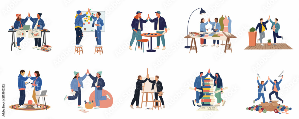 Fototapeta premium Collection of vector illustrations featuring diverse creative professionals giving high fives to celebrate teamwork, success, and collaboration in various workspace and studio environments.