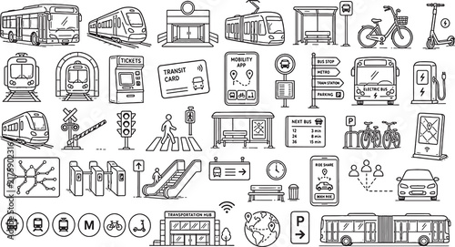Public Transportation and Urban Mobility - Large collection of public transportation Doodle Icons