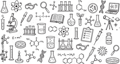 Science and Laboratory, Large collection of science, laboratory research, chemistry doodle icons