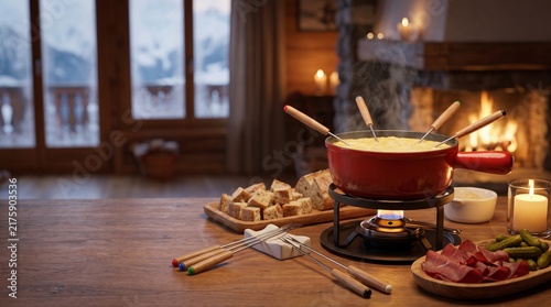 High-end Swiss alpine dinner table with a fondue forks set resting beside a bubbling cheese caquelon pot