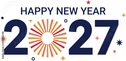 Happy new year 2027 greeting card design featuring dark blue numbers and a colorful sunburst firework on white background