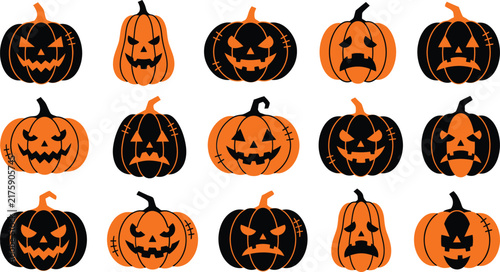 A collection of various carved jack o lanterns isolated on white background for your spooky halloween design projects