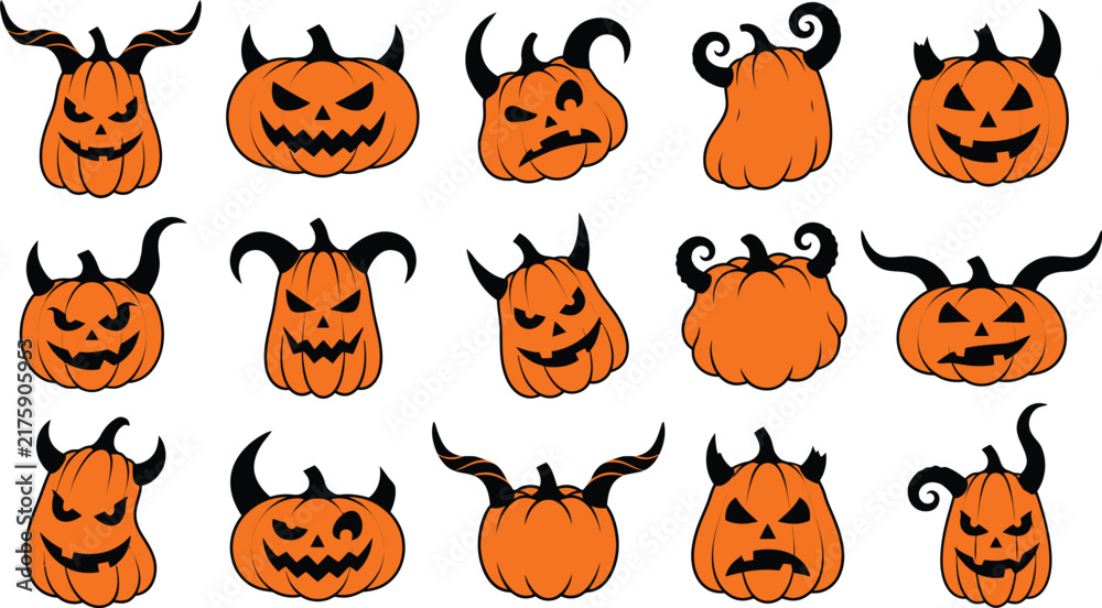 Obraz premium Set of fifteen hand drawn scary pumpkin faces with horns for a spooky halloween celebration design project