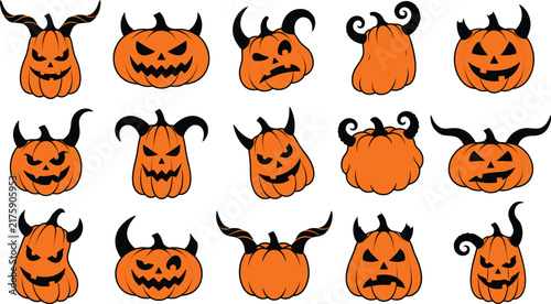 Set of fifteen hand drawn scary pumpkin faces with horns for a spooky halloween celebration design project