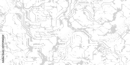 Abstract circuit board pattern with grunge texture in bright white and light gray tones for technology concepts