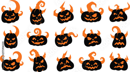 Set of spooky hand drawn watercolor black pumpkins with glowing faces for a festive halloween celebration background