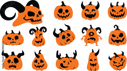 Collection of hand drawn spooky pumpkin characters with horns for a fun and creative halloween celebration design