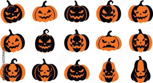 Collection of spooky carved jack o lantern pumpkins isolated on white background for your creative halloween design projects