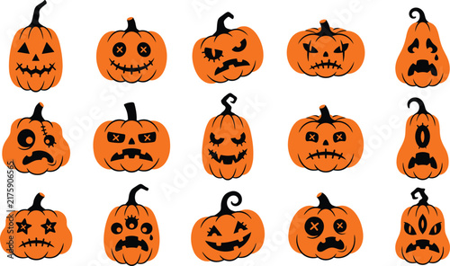 Set of fifteen hand drawn watercolor pumpkins with various scary and funny faces for halloween holiday decorations
