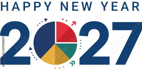 Happy new year 2027 greeting card design featuring a colorful business pie chart replacing the zero for corporate celebration