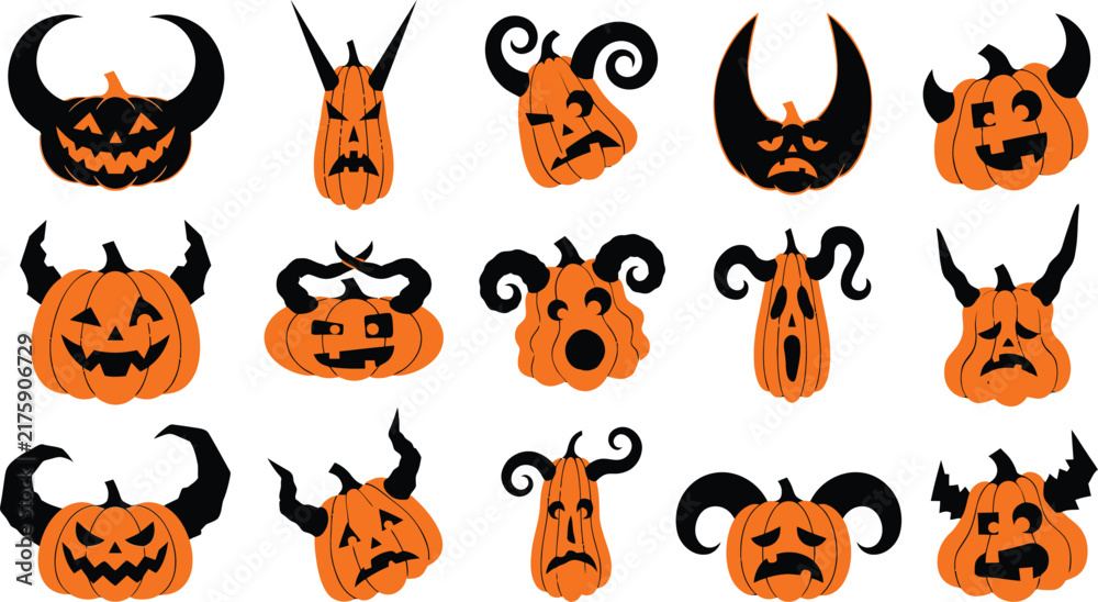 Fototapeta premium A collection of scary hand drawn pumpkin faces with horns for a spooky halloween holiday design project